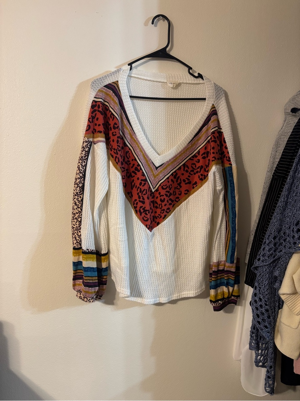 Lovely Melody White Waffle V-Neck Top with Multicolor Chevron & Leopard Accents